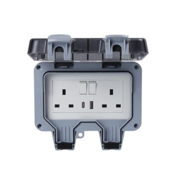 Подвійна всепогодна вулична розетка Securlec, 2-позиційна, з USB A і USB C, клас захисту IP66, пластик, 3-контактний роз'єм для Ве фото