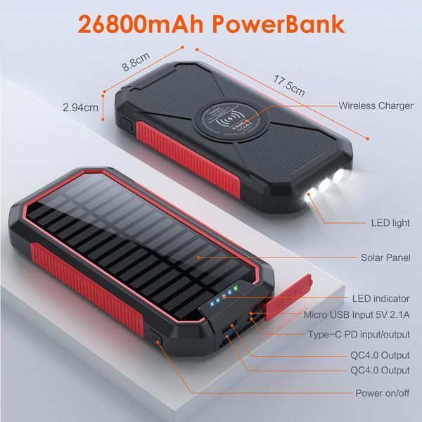 HETP Solar Wireless Power Bank, 26800 мА&middot;год 25 Вт Портативний зарядний пристрій PD, подвійні виходи QC 4.0, вхід і вихід USB C