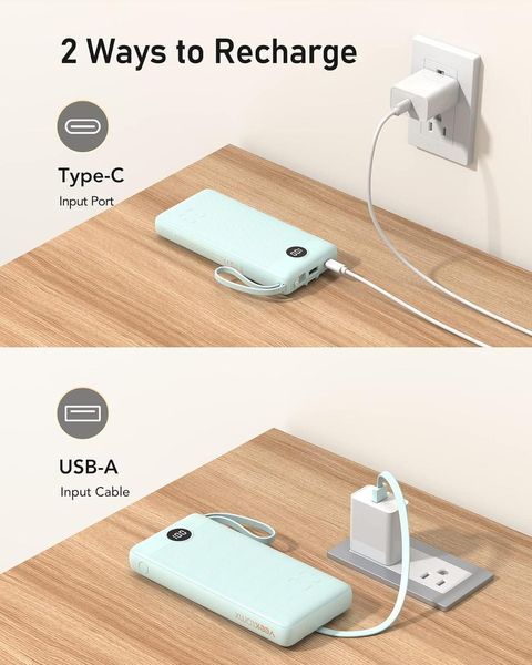 VEEKTOMX Зовнішня батарея 20000 мА&middot;год із вбудованими кабелями Power Bank USB C 2.4 A Швидке заряджання Портативний зарядний прист