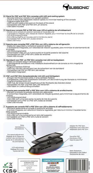 Поддержка Subsonic PS5 для PS5 и PS5 Slim, 2-скоростной охлаждающий вентилятор, светодиодная база PS5 RGB с 1