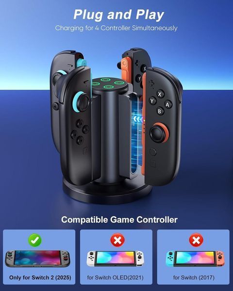 Двоспрямована зарядна станція для Nintendo Switch 2, швидкі зарядні пристрої для док-станції для Joy Con 2, магнітна