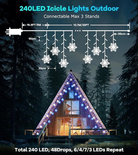 Вулична гірлянда Icicle Outdoor зі сніжинкою, 10,7M/35Ft 240LED Під'єднувані Icicle Lights Waterproof, 8 режимів і 3 таймери фото