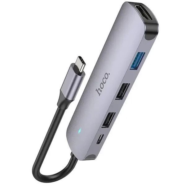 USB-hub хаб адаптер перехідник 5-в-1 HOCO HB27 |Type-C to HDMI+PD+USB3.0+USB2.0*2| Сірий фото