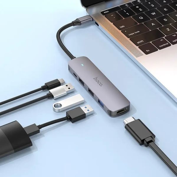 USB-hub хаб адаптер перехідник 5-в-1 HOCO HB27 |Type-C to HDMI+PD+USB3.0+USB2.0*2| Сірий фото