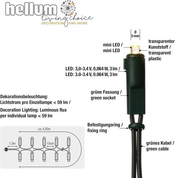 Hellum 577686 35 LED Гірлянда теплий білий 8,1 м / У приміщенні / Кабель живлення 2 x 1,5 м Зелений, 8,1 м (35 BS) фото