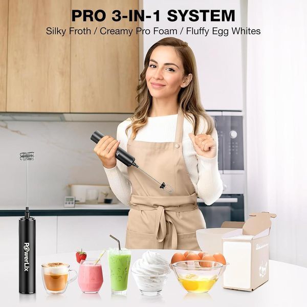 Електричний ручний спінювач молока POWERLIX Pro &laquo;3 в 1&raquo;: заряджання через USB-C, висока швидкість обертання (10 000 об/хв)