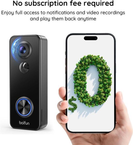 Беспроводная камера BOIFUN Video-Doorbell, без подписки, 180&deg; 3MP ультраширокоугольный режим, 2K HDR ночное видение, AI для обнару фото