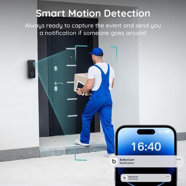 Беспроводная камера BOIFUN Video-Doorbell, без подписки, 180&deg; 3MP ультраширокоугольный режим, 2K HDR ночное видение, AI для обнару фото