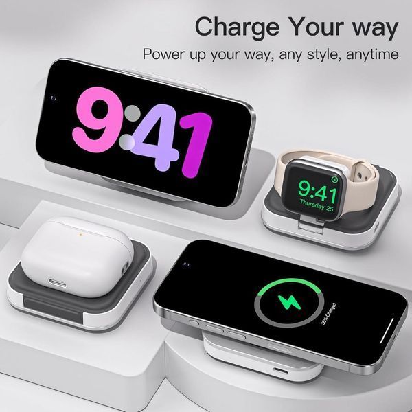 Бездротовий зарядний пристрій 3 в 1 для MagSafe, магнітна складна дорожня зарядна станція, сумісна з Apple Watch/Ultra, iPhone 15